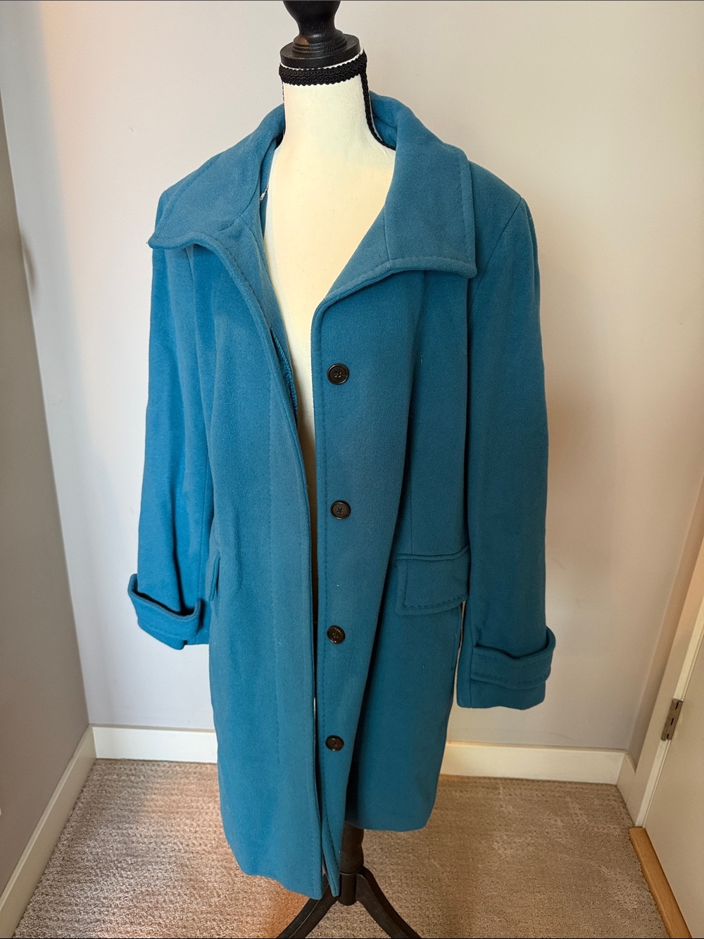 Lands' End Teal Blue Fleece Button Front Coat